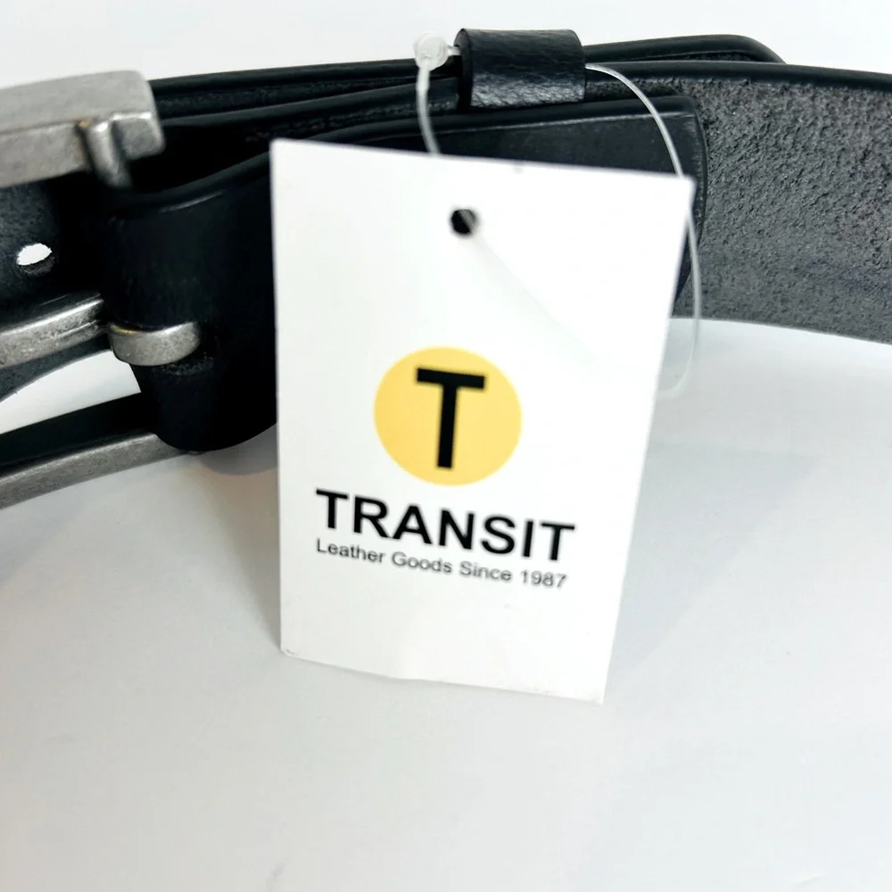 Transit Leather Belt Size 40 Black White Stitch Silver Tone Buckle Leather Jean